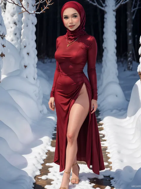 close-up portrait of a beautiful woman nice hijab style, at the snow jungle, wearing red dress, tight, (backlight), realistic, masterpiece, high quality, lens reflection, shadow, flower, [[chromatic aberration]], by Jeremy Lipking, by Antonio J. Manzanedo,...