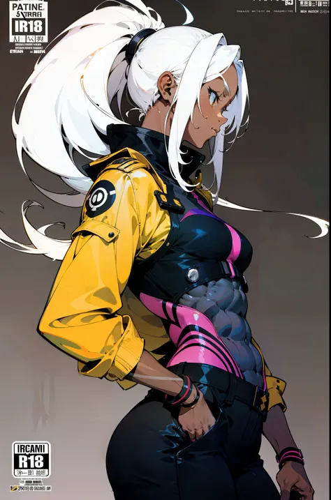 background, black woman, muscular 35 years old woman, long white hair, busty, black cargo pant, excellent lighting, sidelighting, (busty), busty, busty woman, vhsKeeper,, style GUILTY GEAR -STRIVE perfect ultimate (flat color: 1.3), (magazine_cover: 1.4), ...