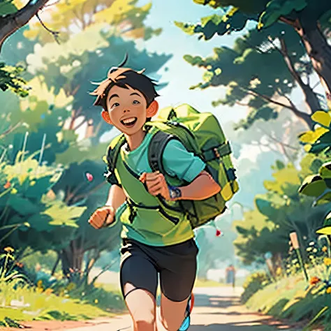 Poster design, two running boys, spring outing, happy, backpack on back, forest in the background, perfect quality, clear focus, colorful, perfect face, intricate details, ultra-low viewing angle, wide angle lens