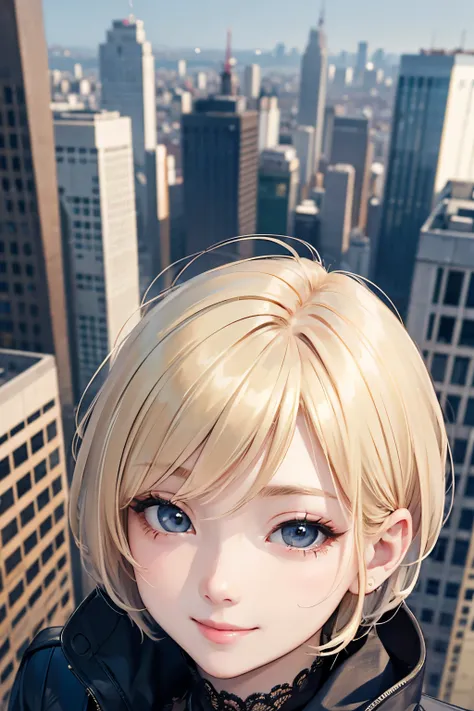 blonde、short hair、girl 1、close up of face、city、composition from above、smile、fashion