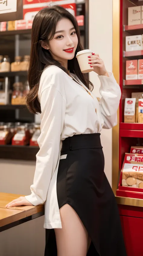 beautiful girl, korean makeup, korean girl, red lips, smiling, girl having coffee in the store.