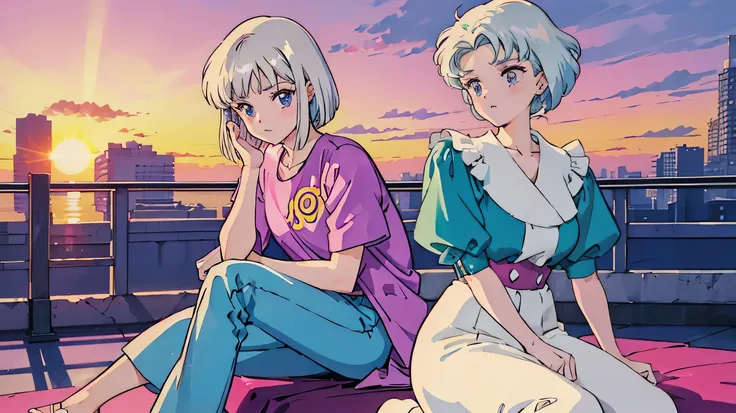 Young woman with short, white silver hair styled in a vintage wave,(( retro 90s vintage clothes)). ((Elegant look)),Her attire reflects a retro aesthetic, reminiscent of the Vice City era.Ethereal, (((90s anime retro style))),pale complexion with piercing ...