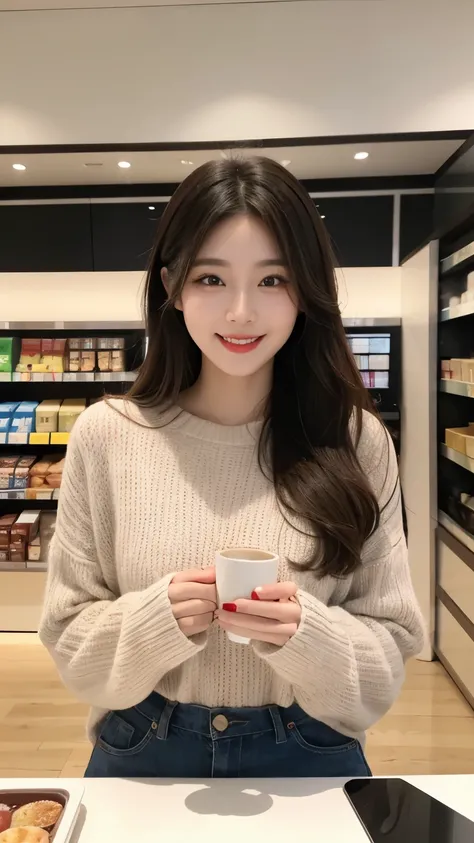 beautiful girl, korean makeup, korean girl, red lips, smiling, girl having coffee in the store.