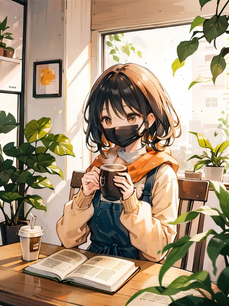 girl,A coffee shop with a quiet hideaway atmosphere,Modern and soft orange sunlight,A calm space with houseplants,Opening a book and reading,coffee cup with coffee on the table,Wearing a mask on your face,