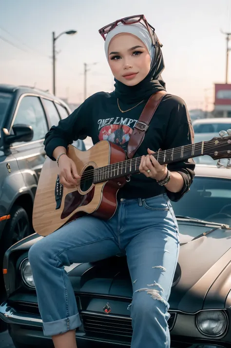 craft an atmospheric portrait that captures the malay girl in hijab in a moment of musical ecstasy playing guitar, surrounded by...