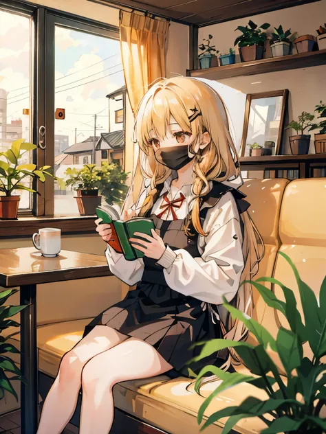 girl,Fluffy long hair,partially braided hair,A coffee shop with a quiet hideaway atmosphere,Modern and soft orange sunlight,A calm space with houseplants,Opening a book and reading,coffee cup with coffee on the table,Wearing a mask on your face,