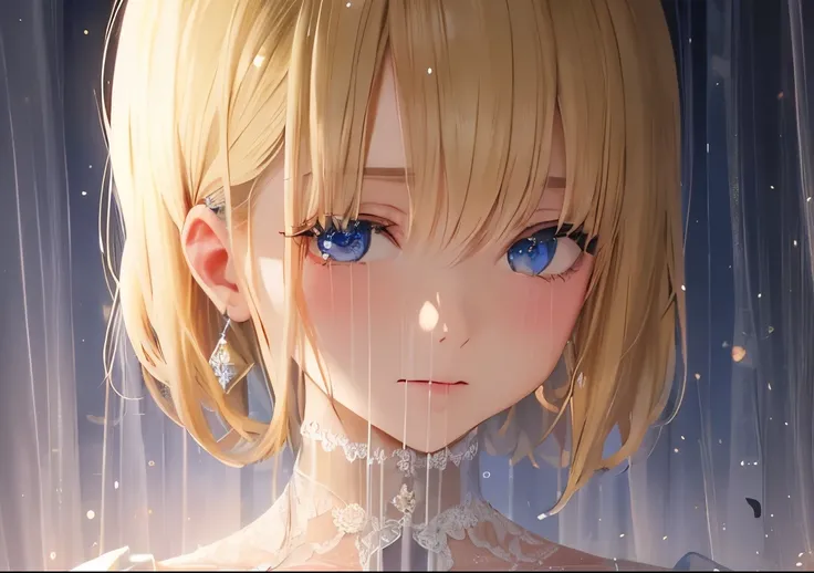 (masterpiece),((highest quality)),(official art),(beautiful and luxurious:1.2),(1 girl:1.3),Facial expressions that close the eyes,small breasts,((blonde beauty)),、break,Beautiful woman in white Japanese clothes,Transparency,short hair,Detail view。Bright c...