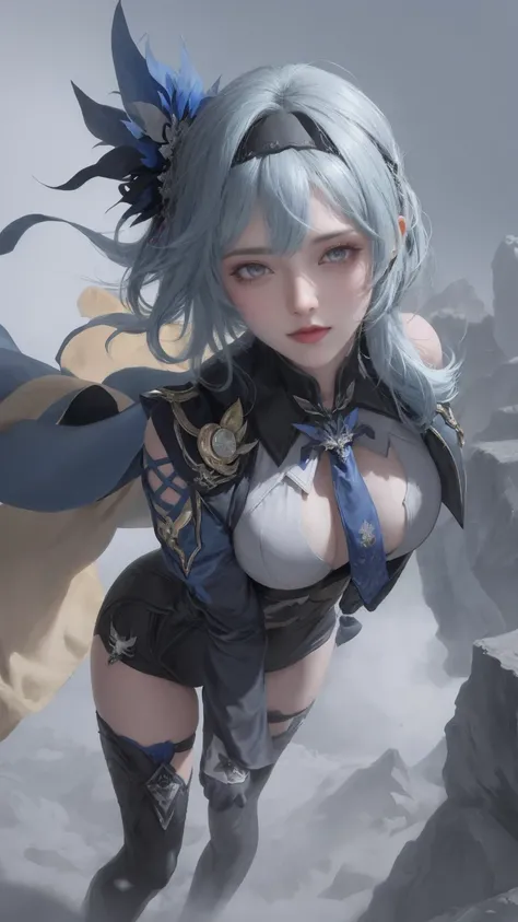 masterpiece, best quality,   1girl,eula (genshin impact),hairband,blue hair,multicolored eyes,necktie,cape,vision (genshin impact),leotard,long sleeves,gloves,sidelocks,  black thighhighs, grey background,