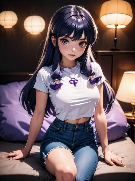 anime cabelo purple com short jeans e blusa rosa brilhante, 16 anos, corpo bonito, seios grandes, com as hands on chest, hands o...