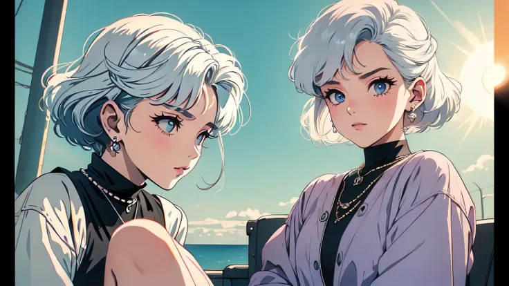 random Girl with short, white silver hair styled in a vintage wave,(( retro 90s vintage clothes)). ((Elegant look)),Her attire reflects a retro aesthetic, reminiscent of the Vice City era.Ethereal, (((90s anime retro style))),pale complexion with piercing ...