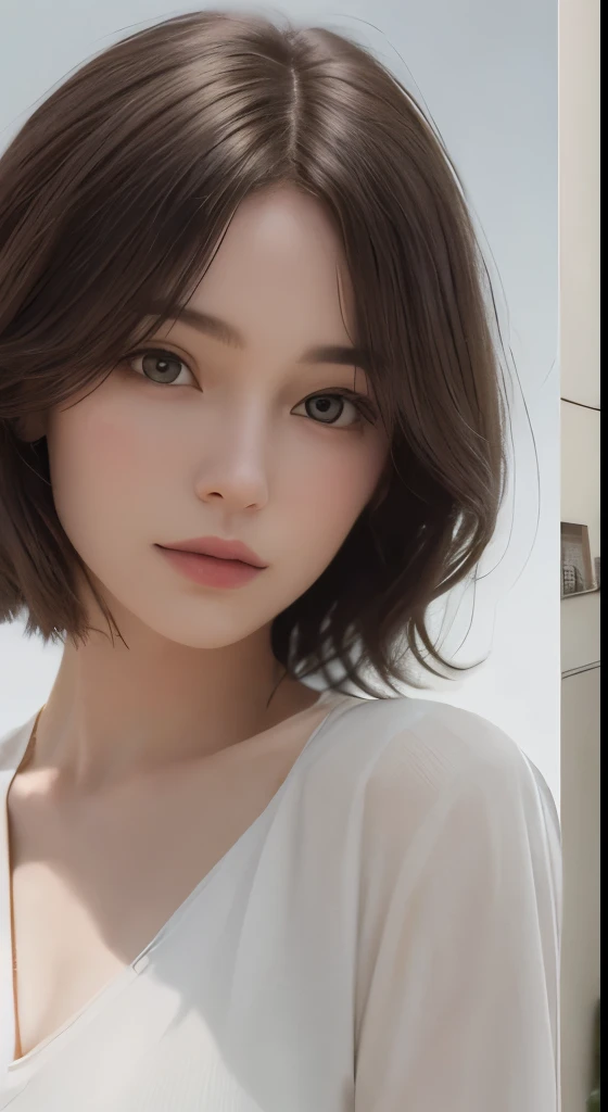 (masterpiece、highest quality、photorealistic、High resolution、photograph、:1.3)、close up shot、sharp focus、30 year old mature woman、small face、no makeup、Detailed beautiful eyes、bangs、dark brown hair、short cut hair、(realistic skin)、beautiful skin、charming、超High...