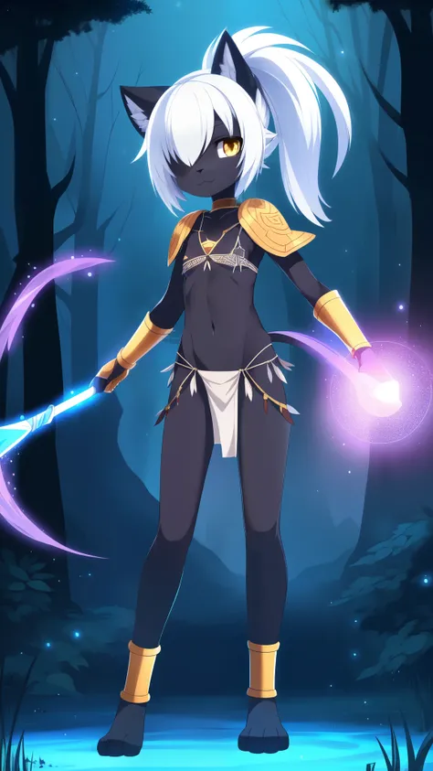 furry girl, young, panther, white hair, emo shag hairstyle, long spiky ponytail, anime style, small breasts, yellow eyes, ((tribal bra, tribal loincloth, tribal bracelets, tribal shoulder pad, tribal adorns)), forest, clear sky, high quality, detailed body...