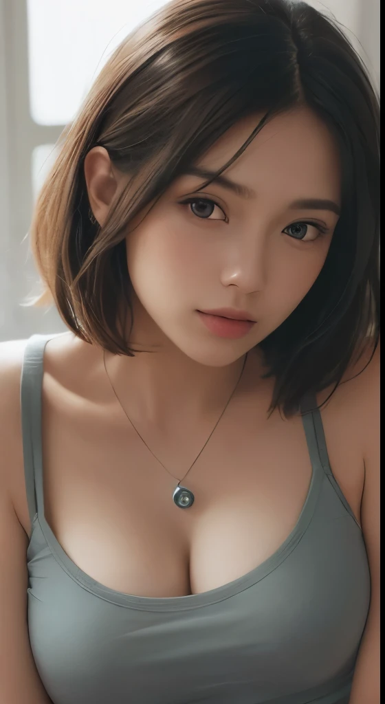 (masterpiece、highest quality、photorealistic、High resolution、photograph、:1.3)、close up shot、sharp focus、(one brunette girl、european girl、hot models)、realな肌、(slim body shape、perfect body shape、beautiful midriff、thin waist、cleavage)、short hairstyle、highly det...