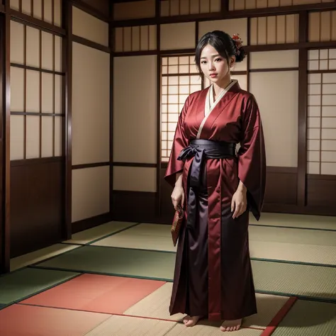 (8k, best quality, masterpiece, ultra high definition: 1.2),kimono,japanese room,hakama,fullbody