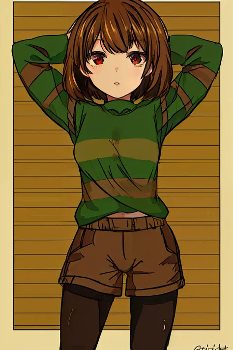 ((best quality)), ((masterpiece)), (detailed), undertale chara, brown hair, (brown shorts: 1.3), bob cut, short hair, black pant...