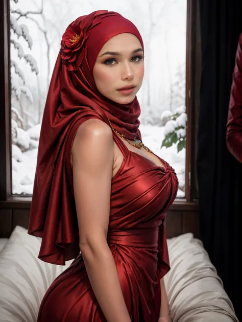 close-up portrait of a beautiful woman nice hijab style, at the snow jungle, wearing red dress, tight, (backlight), realistic, m...