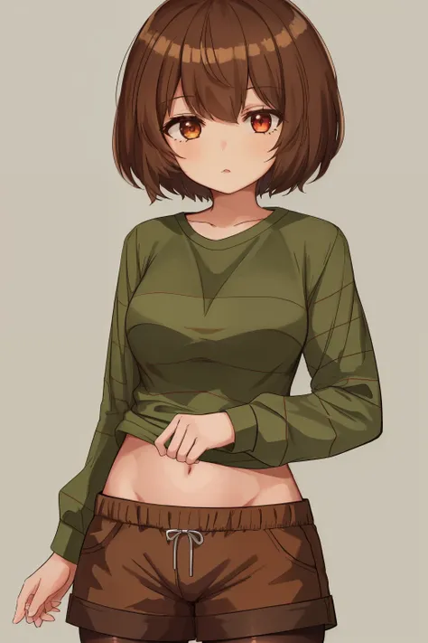 ((best quality)), ((masterpiece)), (detailed), undertale chara, brown hair, (brown shorts: 1.3), bob cut, short hair, black pant...