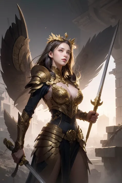 (masterpiece:1.2, Best quality:1.1),8K,exquisite detailing,Best Best Illustration,Wallpapers,exquisite detailing,1girl,12year old,Golden pupils,golden iris,shine: 1.6, sword and shield, griffin, wings, banners, streamer, choi, diadems, exposed, Broken armo...