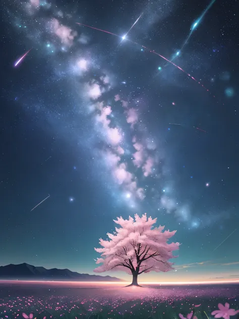 far away view, day time, 1 big sakura tree in middle, large field, grass, small flowers, plains, stars in sky, fireflies