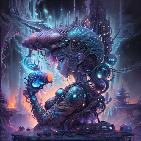 best qualtiy，tmasterpiece，ultra high resolution，（photograph realistic：1.4），ultra-realistic realism，Dream-like，The beautiful blue-skinned goddess wears a phoenix peacock on her head, Nautilus, a betta fish，The creation of fantasy，Brain conch，Dream Conch，Bio...