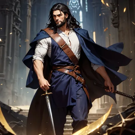 male swinging sword, late 30s, shoulder-length, center-parted wavy hair, little eyebrows, slightly thick beard, slightly long face, medieval European formal attire, whole body