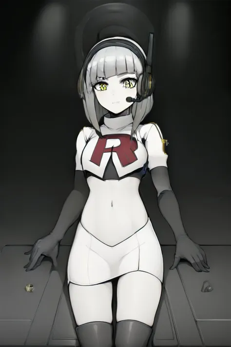 masterpiece, highly detailed, 1girl, nickel, silver hair, yellow eyes, headset, scifi, futuristic, metallic, circuitry, computer, electronic, colorful, team rocket,team rocket uniform, red letter R, white skirt,white crop top,black thigh-highs,black elbow ...