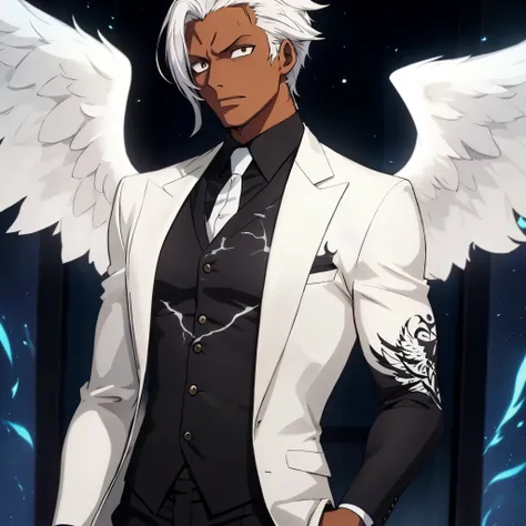 A tall, fit, dark-skinned man, wearing a suit, tattoo on his right arm, white hair, hair down to his shoulders, has a pair of large wings, black wings, flames.