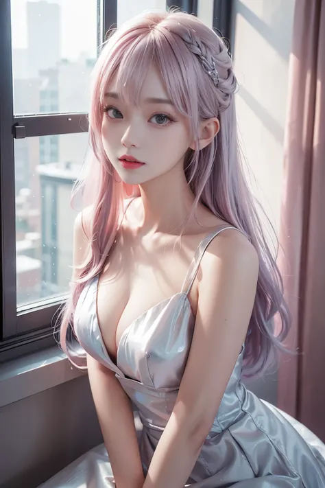 beautiful korean girl looks like 4D painting (1 girl,) (view), straight parting hair, silver and pink hair, hair bang, hair pin, sleeveless deep-v simple dress, in room (window night background), vibrant colours, studio light, ultra detailed, gentle light,...