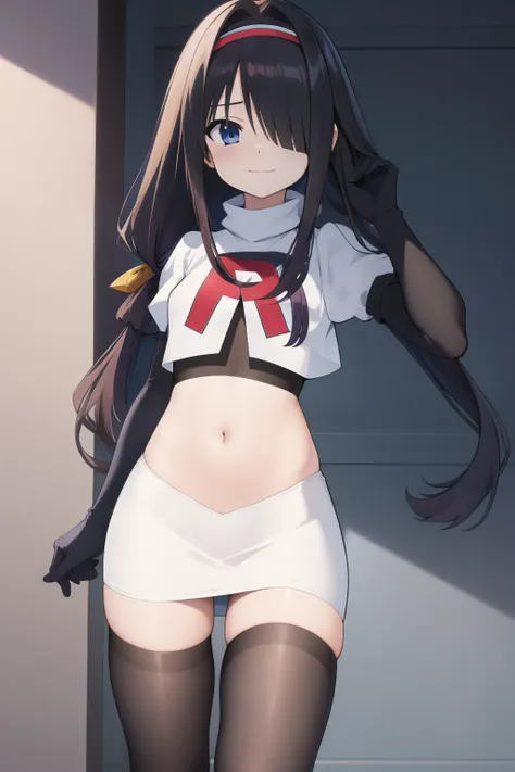 best quality,masterpiece,Super Resolution, 8K  ,  18 years old ,
kkkrumi2Z, ( kkkrumi2Z(low-tied long hair):1.3)  ,low twintails ,kkkrumi2Z(hair over one eye), kkkrumi(Hair Accessories) ,  Evil smile,  team rocket,team rocket uniform, red letter R, white s...