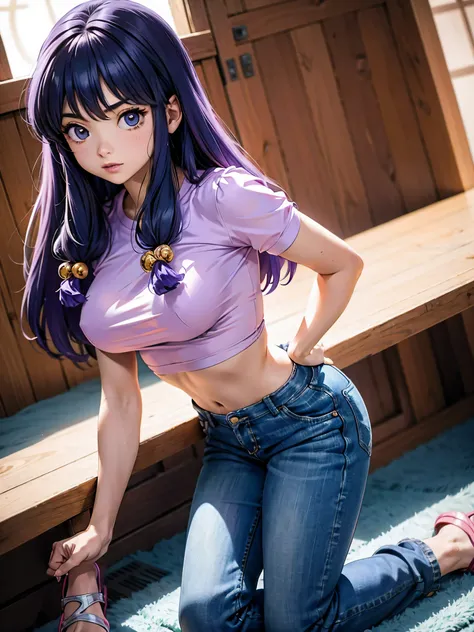 Anime cabelo purple com short jeans e blusa rosa brilhante, 18 anos, corpo bonito, seios grandes, com as hands on chest, hands on chest, Garota sexy, purple cabelo, mechas de cabelo laterais, mechas de cabelo na lateral do rosto, beautiful lighting, sombra...