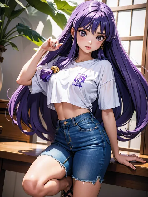 anime cabelo purple com short jeans e blusa rosa brilhante, 18 anos, corpo bonito, seios grandes, com as hands on chest, hands o...