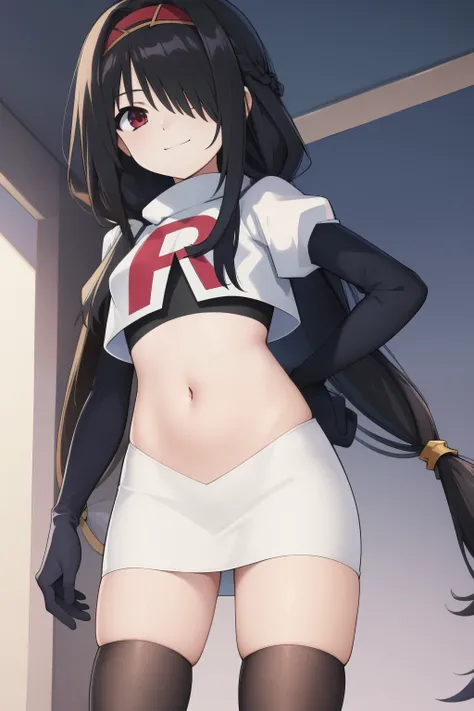 best quality,masterpiece,Super Resolution, 8K  ,  18 years old ,
kkkrumi2Z, ( kkkrumi2Z(low-tied long hair):1.3)  ,low twintails ,kkkrumi2Z(hair over one eye), kkkrumi(Hair Accessories) ,  Evil smile,  team rocket,team rocket uniform, red letter R, white s...
