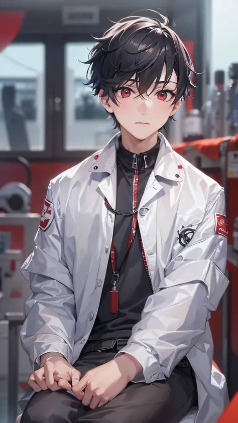 (perfect anatomy, masterpiece:1.2, best quality, 8k, beautiful detailed grow, daydreaming expression), (ennui face solo black short hair beauty boy, detailed red eyes, 17 yo, in a white coat, in the school Health room.