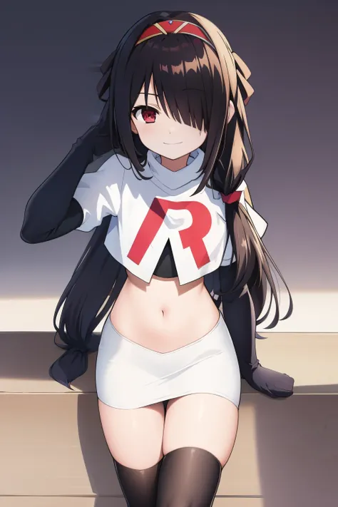 best quality,masterpiece,Super Resolution, 8K  ,  18 years old ,
kkkrumi2Z, ( kkkrumi2Z(low-tied long hair):1.3)  ,low twintails ,kkkrumi2Z(hair over one eye), kkkrumi(Hair Accessories) ,  Evil smile,  team rocket,team rocket uniform, red letter R, white s...