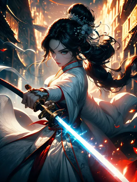 best picture quality， masterpiece， super高分辨率，poster，8k，fantasy art，dynamic lighting，art station，poster，Volumetric lighting，Very detailed faces，4k wallpaper，Award-winning，a girl holding a sword，blackhead rope，silver long hair，long flowing hair，katana sword，...