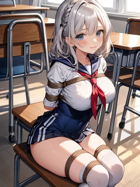 highest quality、High resolution、detailed background、beautiful and detailed face、beautiful and smooth skin、skin texture、professional lighting、Beautiful teenage girl、(huge breasts:1.3)、((sexy sailor suit))、Pleated mini skirt with tartan plaid pattern、cute ha...