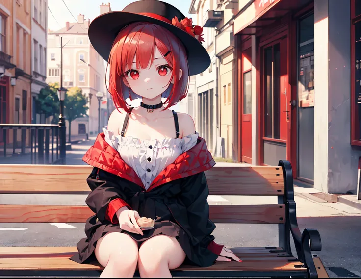 near,ultra detail, High quality CG drawing, The most delicate and beautiful, Floating gently, High resolution, (1 female), (Highest image quality,4K,8K,masterpiece:1.2),(all red hair:1.5),(short bob:1.5),(red eyes:1.5),black off shoulder,black hat,black mi...