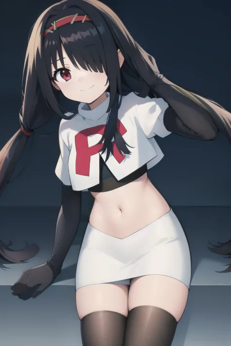 best quality,masterpiece,Super Resolution, 8K  ,  18 years old ,
kkkrumi2Z, ( kkkrumi2Z(low-tied long hair):1.3)  ,low twintails ,kkkrumi2Z(hair over one eye), kkkrumi(Hair Accessories) ,  Evil smile,  team rocket,team rocket uniform, red letter R, white s...