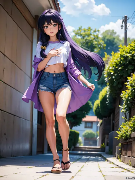 anime cabelo purple com short jeans e blusa rosa brilhante, 16 anos, corpo bonito, seios grandes, com as hands on chest, hands o...