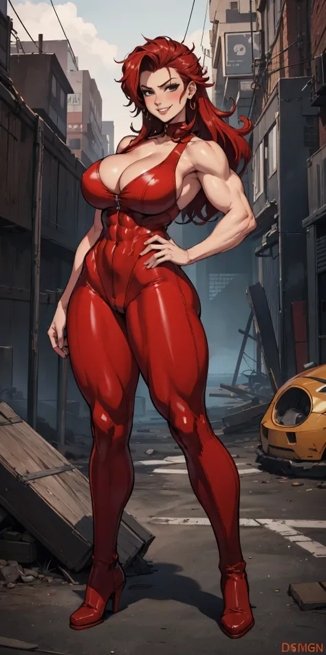 full body standing good face, nice ass, red spiky hair, beautiful woman, wide hips, cleavage, jumpsuit, leotard, heavy boots, apocalypse, muscular, thights, Mature woman, Abs, looks at the viewer, lustful smirking smile face red blush