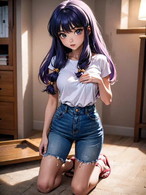 Anime cabelo purple com short jeans e blusa rosa brilhante, 16 anos, corpo bonito, seios grandes, com as hands on chest, hands on chest, Garota sexy, purple cabelo, mechas de cabelo laterais, mechas de cabelo na lateral do rosto, beautiful lighting, sombra...