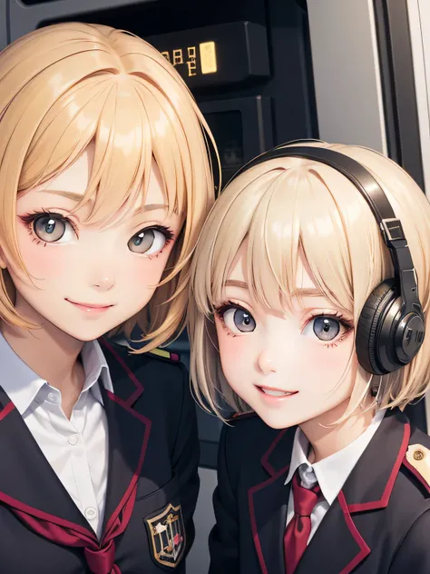 close up of face、smile、sit、blonde、short hair、girl１、uniform、mechanical、School