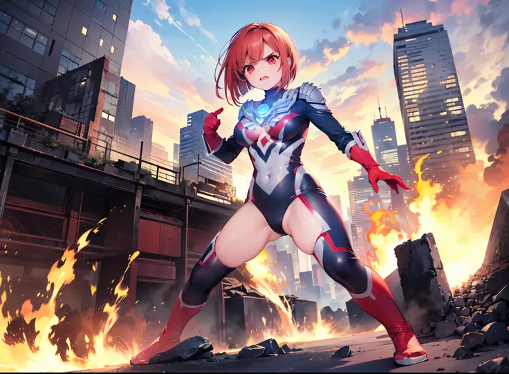 highest quality, ultra detail, High quality CG drawing, The most delicate and beautiful, Floating gently, High resolution, (1 giant woman), (Highest image quality,4K,8K,masterpiece:1.2),(all red hair:1.5),(short bob:1.5),(red eyes:1.5), Ultraman,(ultra gir...