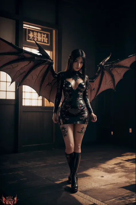 draw a dragon demon, female, Japanese, wings, tattoos, latex dress, model, science fiction horror art, dark fantasy horror art, dreamy, detailed illustration 4k, ultra realistic background, hyper detailed, full body pose , fantasy, unreal, volumetric light...