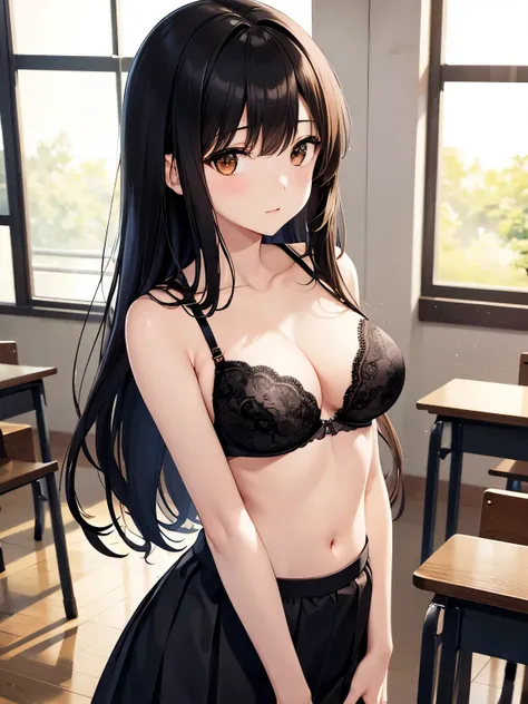 best quality, Japanese、brown eyes、Slender、tall、8k、girl, highres,black hair、long hair、classroom、black lace bra、Upper body bra only、black skirt、standing position、facing left