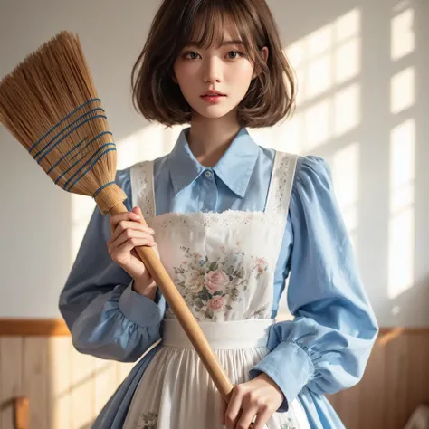 realistic korean teen beauty light blue long Sleeve shirt with white apron floral motif,blue long skirt, brown short hair , holding a broom , half body, background on a room, daylight, realistic light, realistic shadow, realism, hyper realistic, photograph...