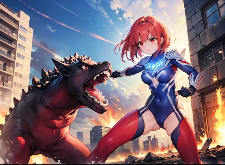 highest quality, ultra detail, High quality CG drawing, The most delicate and beautiful, Floating gently, High resolution, (1 giant woman), (Highest image quality,4K,8K,masterpiece:1.2),(all red hair:1.5),(short bob:1.5),(red eyes:1.5), Ultraman,(ultra gir...