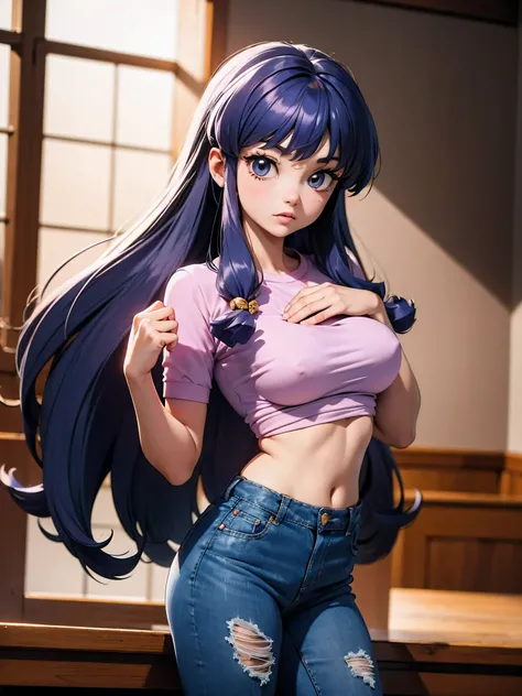 Anime cabelo purple com short jeans e blusa rosa brilhante, 16 anos, corpo bonito, seios grandes, com as hands on chest, hands on chest, Garota sexy, purple cabelo, mechas de cabelo laterais, mechas de cabelo na lateral do rosto, beautiful lighting, sombra...