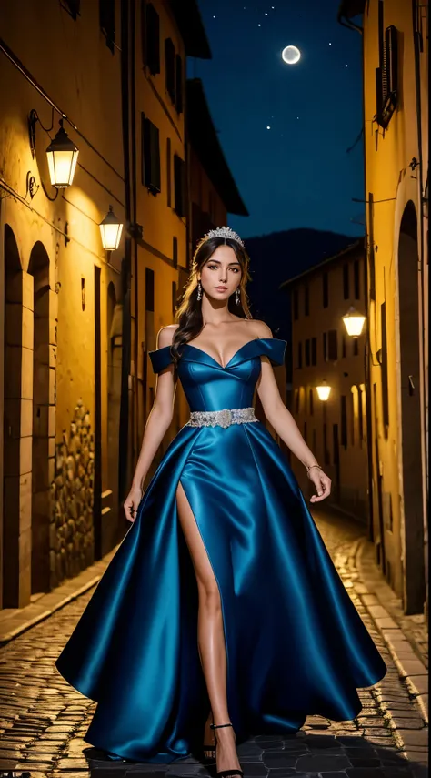 An Italian beauty posing on the street in Tuscany in dolce Gabbana haute couture asymmetrical dress flowing at night the moon can be seen, realism, flirtatious pose enjoying the night air