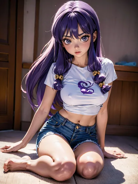 Anime cabelo purple com short jeans e blusa rosa brilhante, 17 anos, corpo bonito, seios grandes, com as hands on chest, hands on chest, Garota sexy, purple cabelo, mechas de cabelo laterais, mechas de cabelo na lateral do rosto, beautiful lighting, sombra...